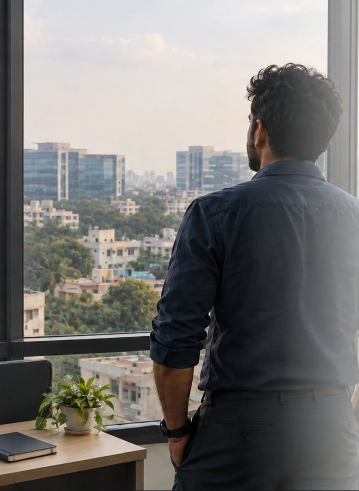 A professional looking out over the city